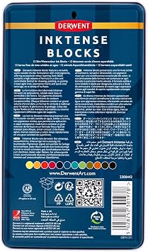 Derwent Inktense Blocks 12 Tin, Set of 12, 8mm Block, Soft Texture, Watersoluble, Ideal for Watercolor, Drawing, Coloring, Crafts and Painting on Paper and Fabric, Professional Quality (2300442)