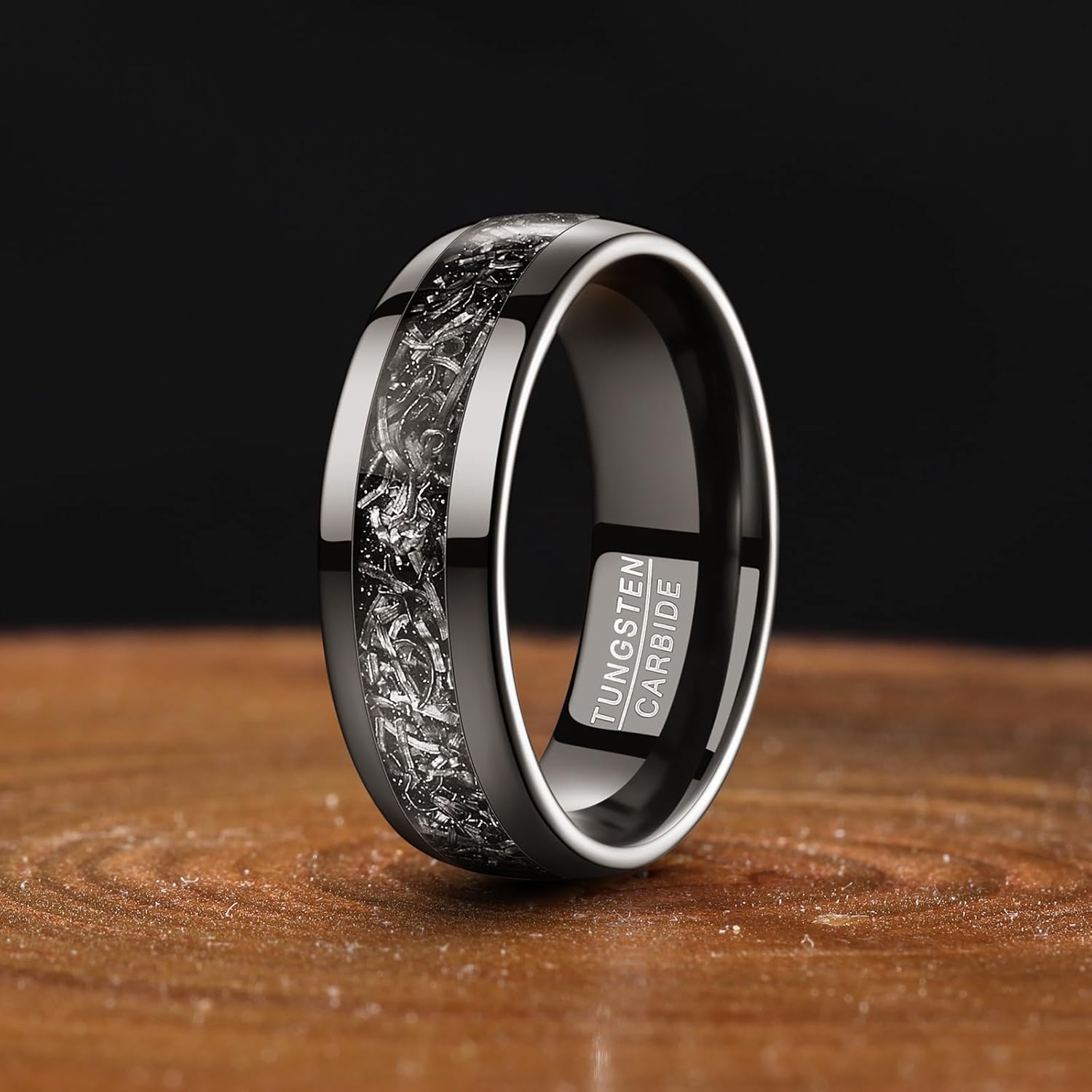 Vakki Personalized Black Tungsten Ring for Men Women Wedding Band Meteorite Inlay Custom Engraved Engagement Ring Polished Domed Comfort Fit Size 7-12