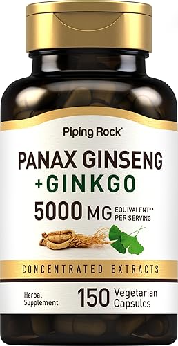 Piping Rock Panax - Cápsulas de ginseng 5000 mg 150 unidades con Ginkgo Biloba Suplemento vegetariano, sin OMG y sin gluten