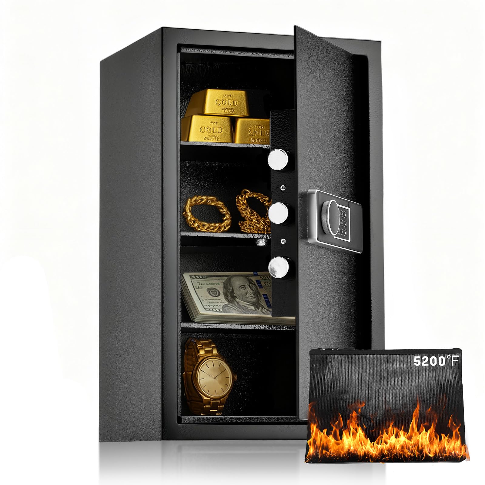 Large Safes for Home, Security Safe Box with Fireproof Bag, Digital Keypad, Spare Keys and Alarm System, Security Anti-Theft Design for Valuables, Document, 12.2"W x 13.8"D x 23.6"H