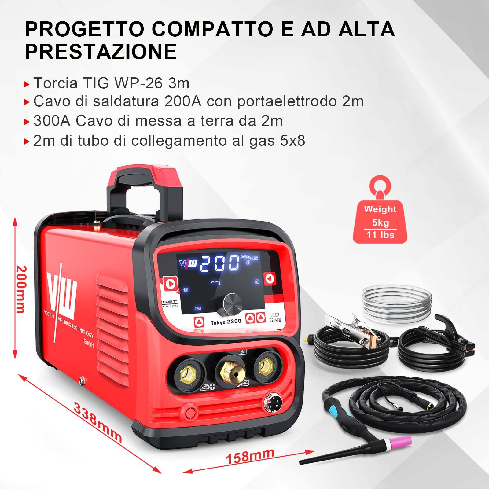 Saldatrice TIG 200A DC con Funzione Impulso e IGBT, MMA, Daldatore TIG con Grande Display LED, Avvio a Caldo, Arc Force e Nove Slot di Memoria, Tokyo 2300 - Vector Welding