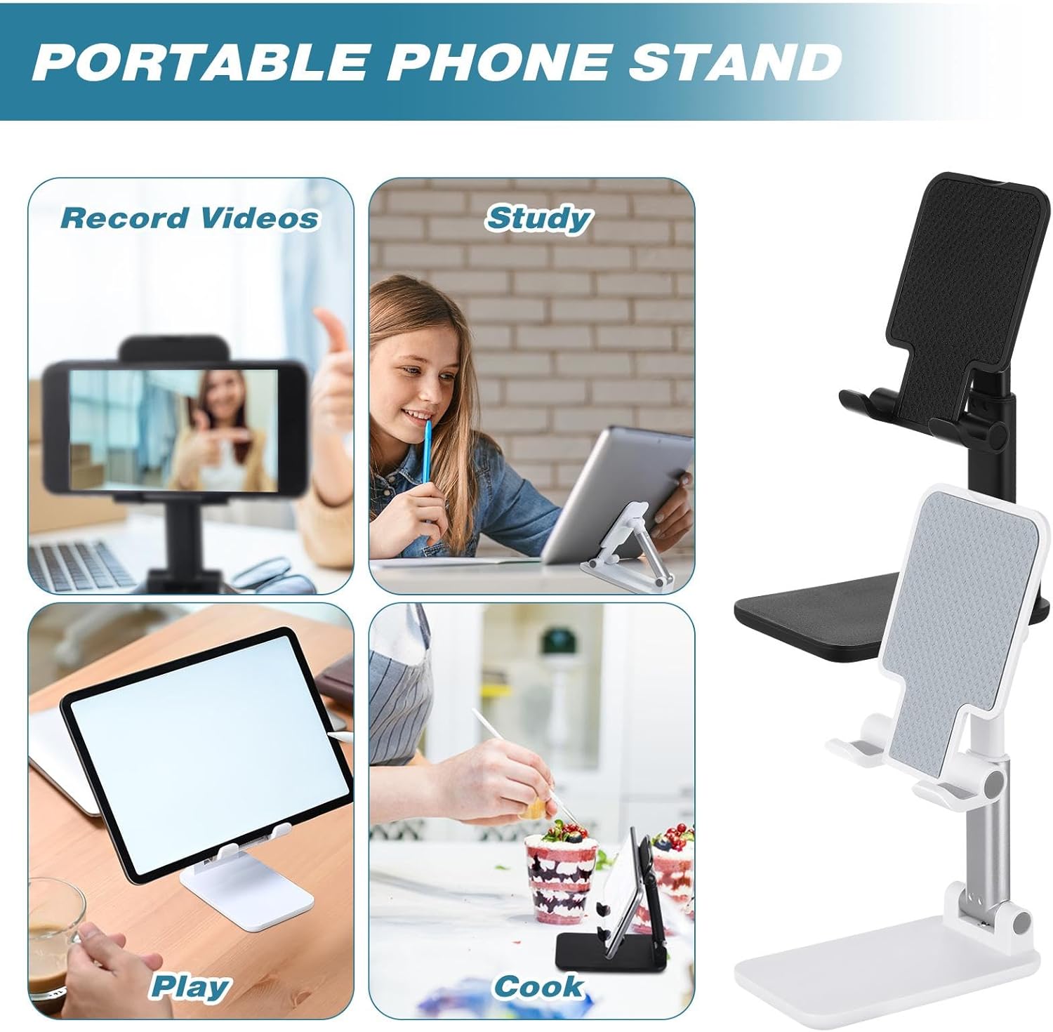 Wonderjune 12 Pcs Cell Phone Stand Desk Table Adjustable Angle Height Phone Stand Foldable Portable Mobile Holder Silicone Pad Smartphone Tablet Holder Bulk for Office Travel Filming (White,Black)