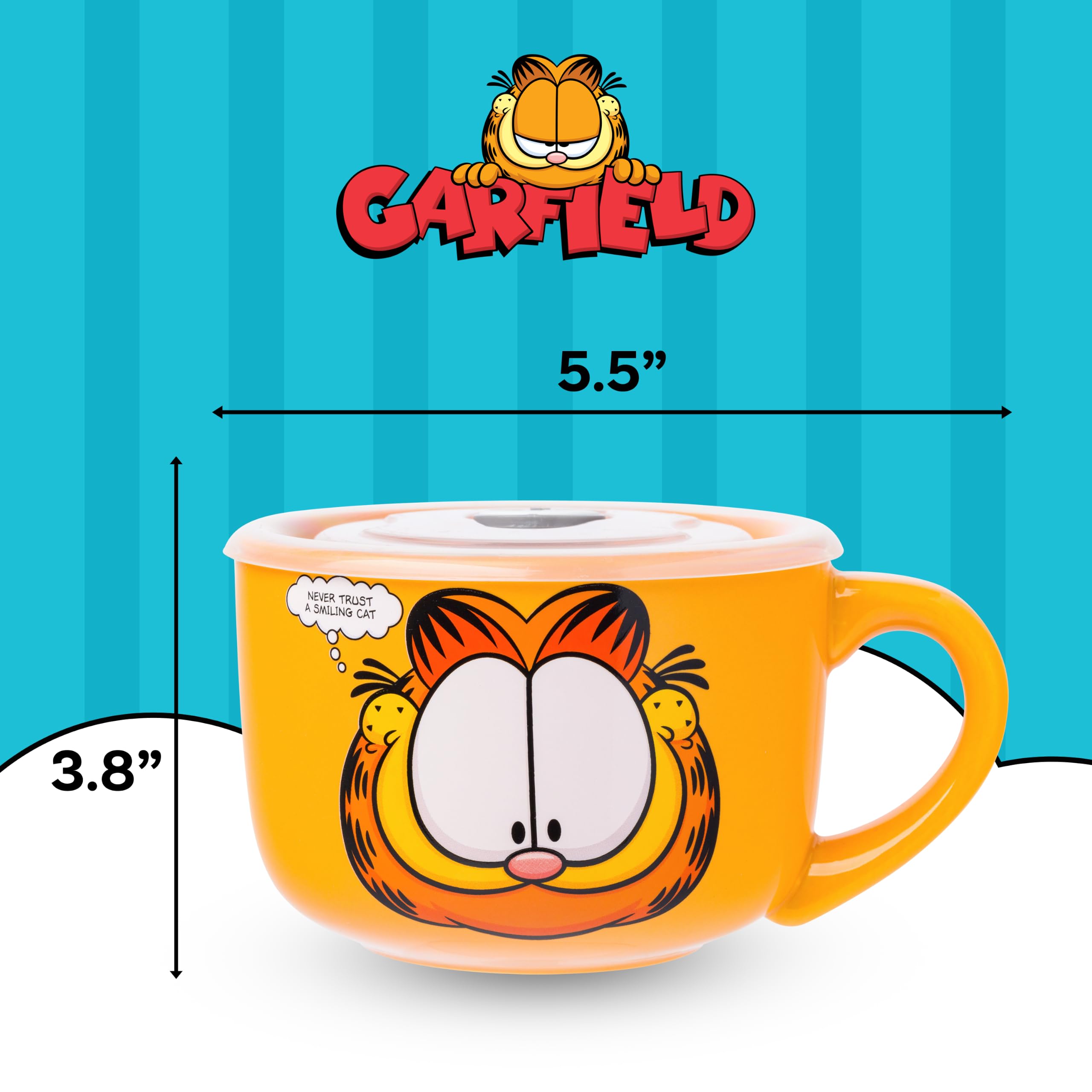 Silver Buffalo Garfield Tasse à soupe en céramique avec couvercle en plastique ventilé « Never Trust a Smiling Cat » 710 ml