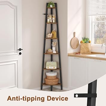 Hoctieon Corner Shelf, 6-Tier Corner Bookshelf, Rustic Ladder Shelf, Industrial Display Stand for Living Room, Kitchen, Home Office, Balcony, Small Space, Metal Frame, Rustic Brown