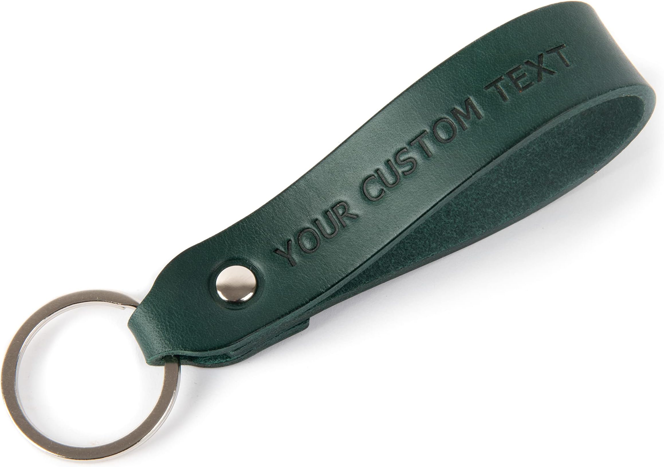Green leather key chain, personalised custom drop shape ring