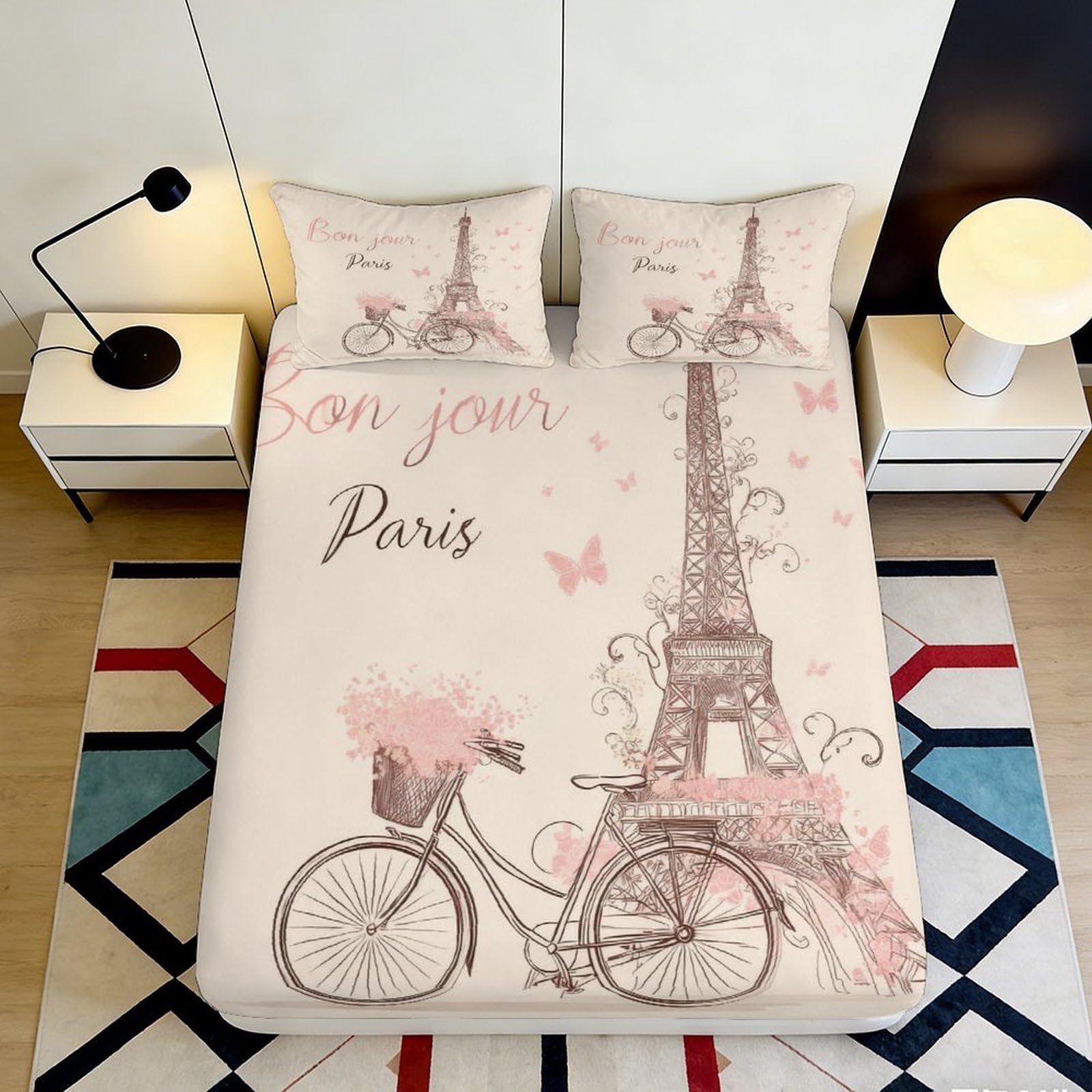 3D Printed Eiffel Tower Paris Fitted Sheet Microfiber Soft Pink Bicycle Bed Sheet Bedroom Decor Mattress Cover 90x200x25cm