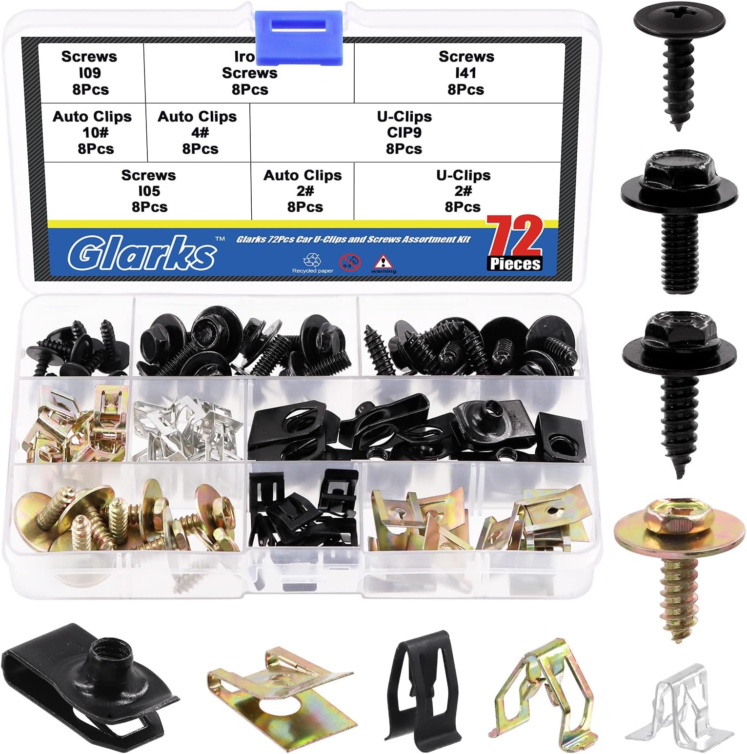 Glarks 72Pcs 9 Sizes Screw Bolt Nut Retainer Car Engine Under Cover Splash Shield Guard Body Bolts Bumper Fender Liner Push Retainer Fastener Rivet Clips Assortment Kit