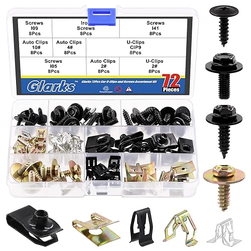 Glarks Kit surtido de 72 clips en U y tornillos para el cuerpo, 9 tamaños, clips de automóvil con tornillos, tuercas en U, clips de ajuste interior,