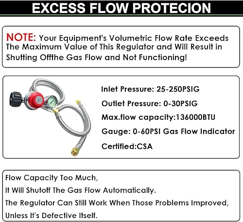 Miniatura 8 de Regulador de propano ajustable de 0-30 PSI, manguera trenzada de acero inoxidable con manómetro, 2 mangueras de divisor en Y QCC1 a 38 pulgadas,