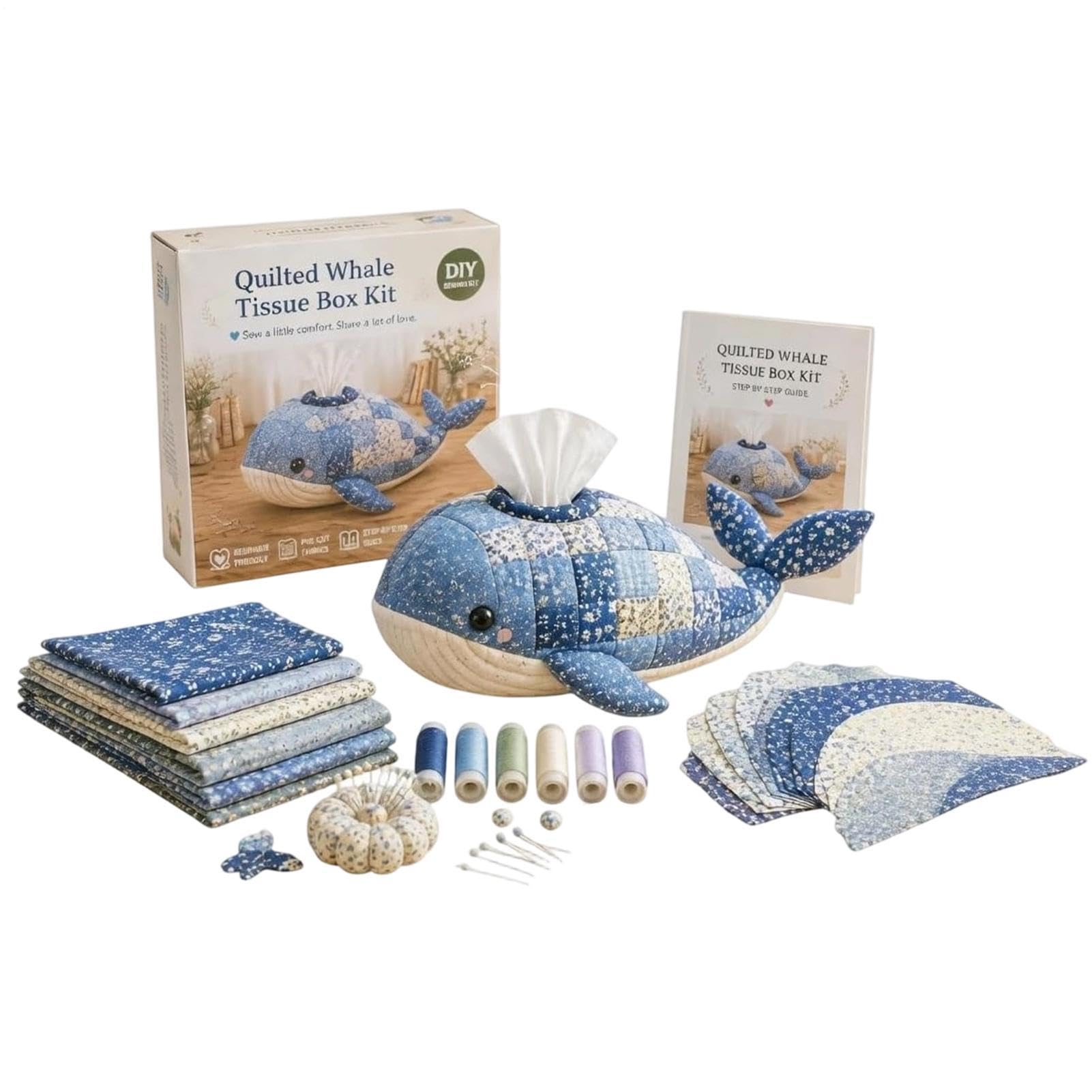 Quilted Sea Animal Tissue Box DIY Kit - 4 Whimsical Oceane Animal Patchworks Designs Sewing Kit, Craft Napkin Organizer For Women Beginners Bathroom Office Home Bedroom Desk Vanity Living Room