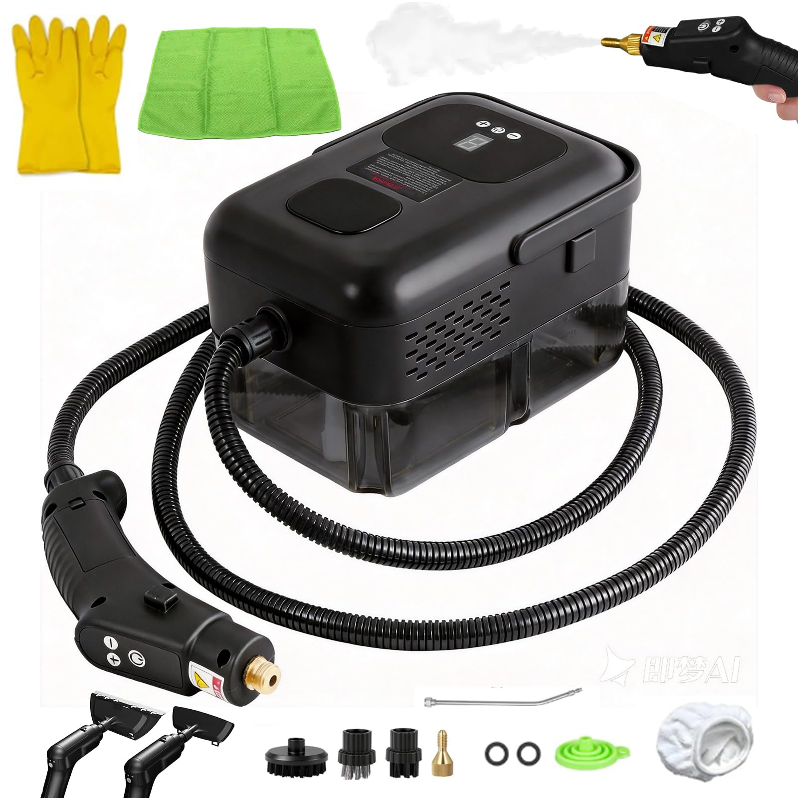 Dampfreiniger für Haushalt und Auto, 9 Stufig Einstellbarer Dampfreiniger, 2500w 15 Sekunden Aufheizzeit Tragbarer Hochdruck Dampfreiniger für Möbel, Sofa, Fliesen, Boden, Fenster, Auto (Schwarz)