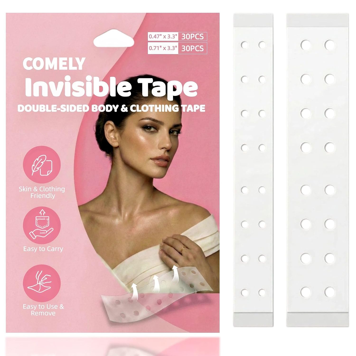 COMELY Sensitive Skin Body Fashion Tape Double Sided Breathable: 60 Pre-Cut Strips, Invisible 12-Hour Strong Hold Adhesive for Wedding, Prom & Vacation Dresses, Gentle Fabric