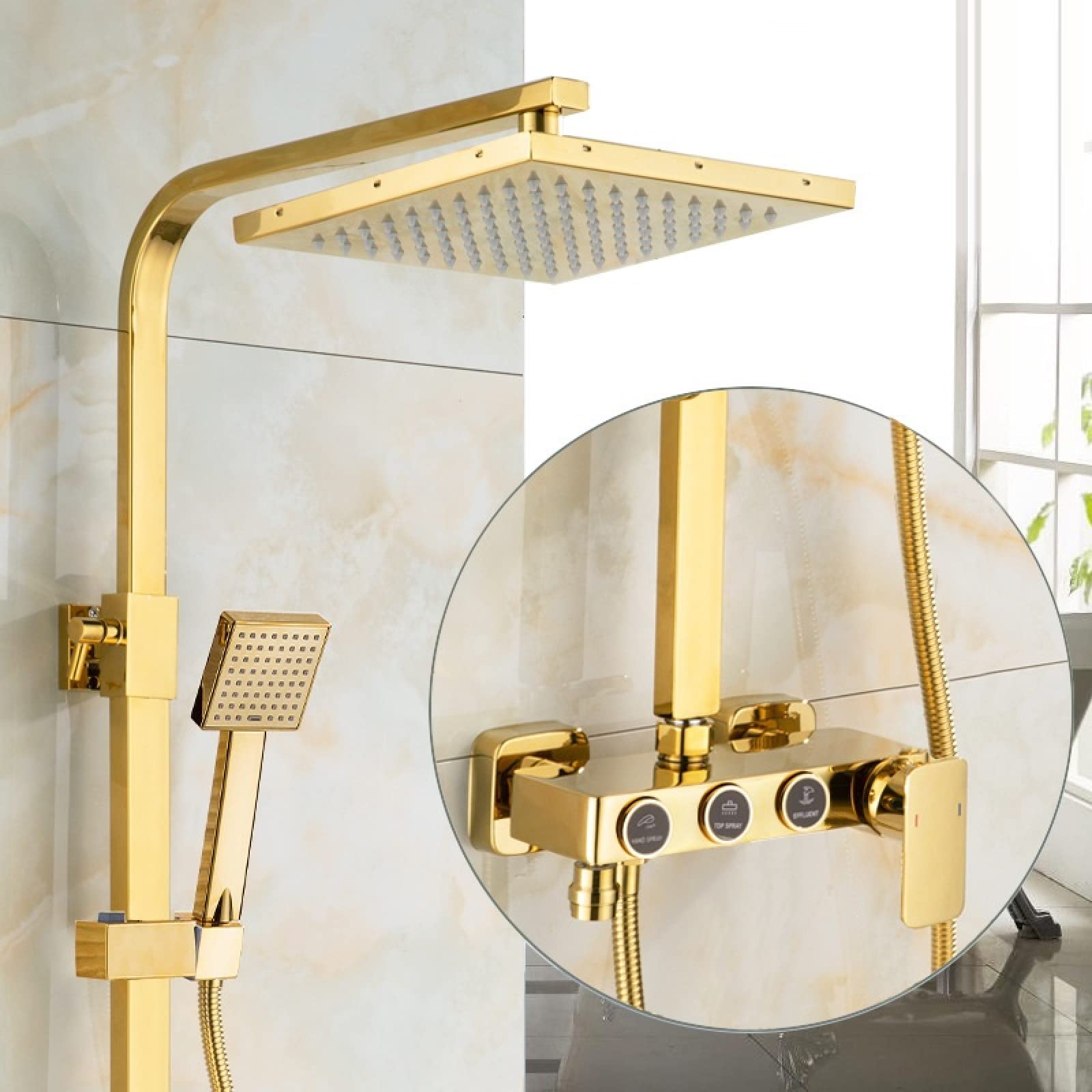 OZBMA Nordic Quad Golden Shower Set Full Copper Hot and Cold Water Faucet Four Gears with Spray Gun Simple Model, Knob (Button Three Gears)