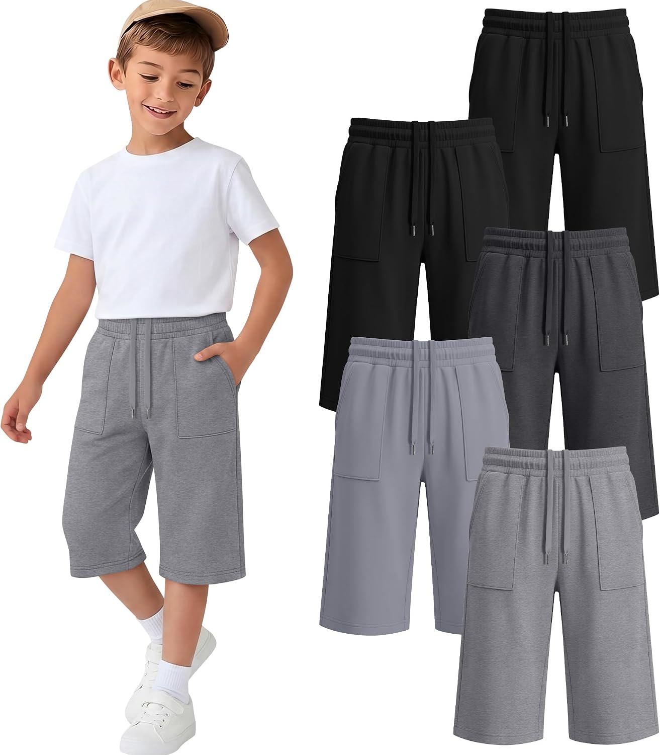 Halfchet 5 Pack Boys' Capri Pants Straight Leg Below Knee Shorts Drawstring Elastic Waist Casual 3/4 Sweatpants with Pockets