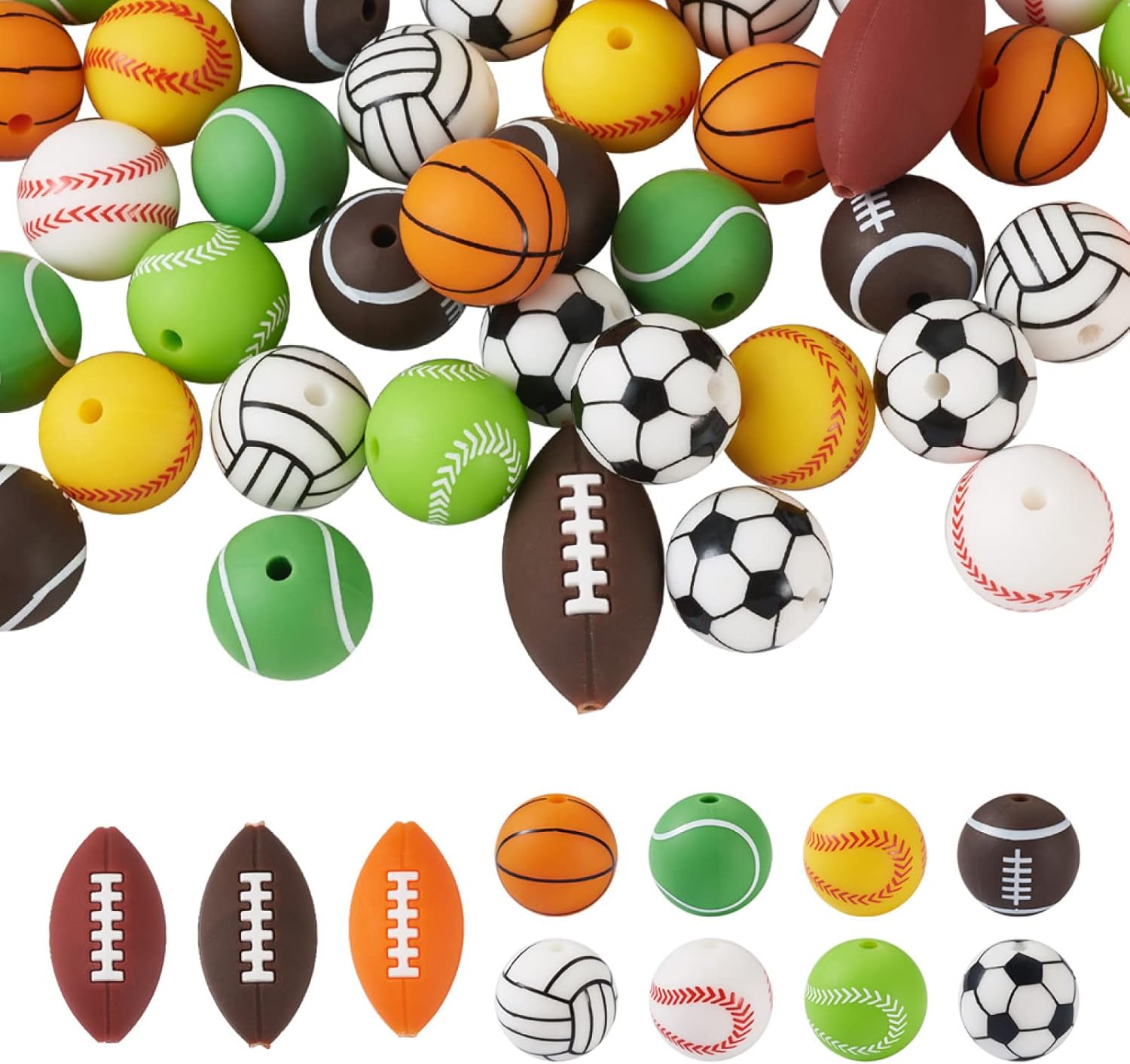 Mega Pet 54Pcs Sports Silicone Beads Basketball Football Tennis Rugby Silicone Beads Silione Sports Ball Spacer Beads for DIY Bracelet Key Chains Jewelry Making