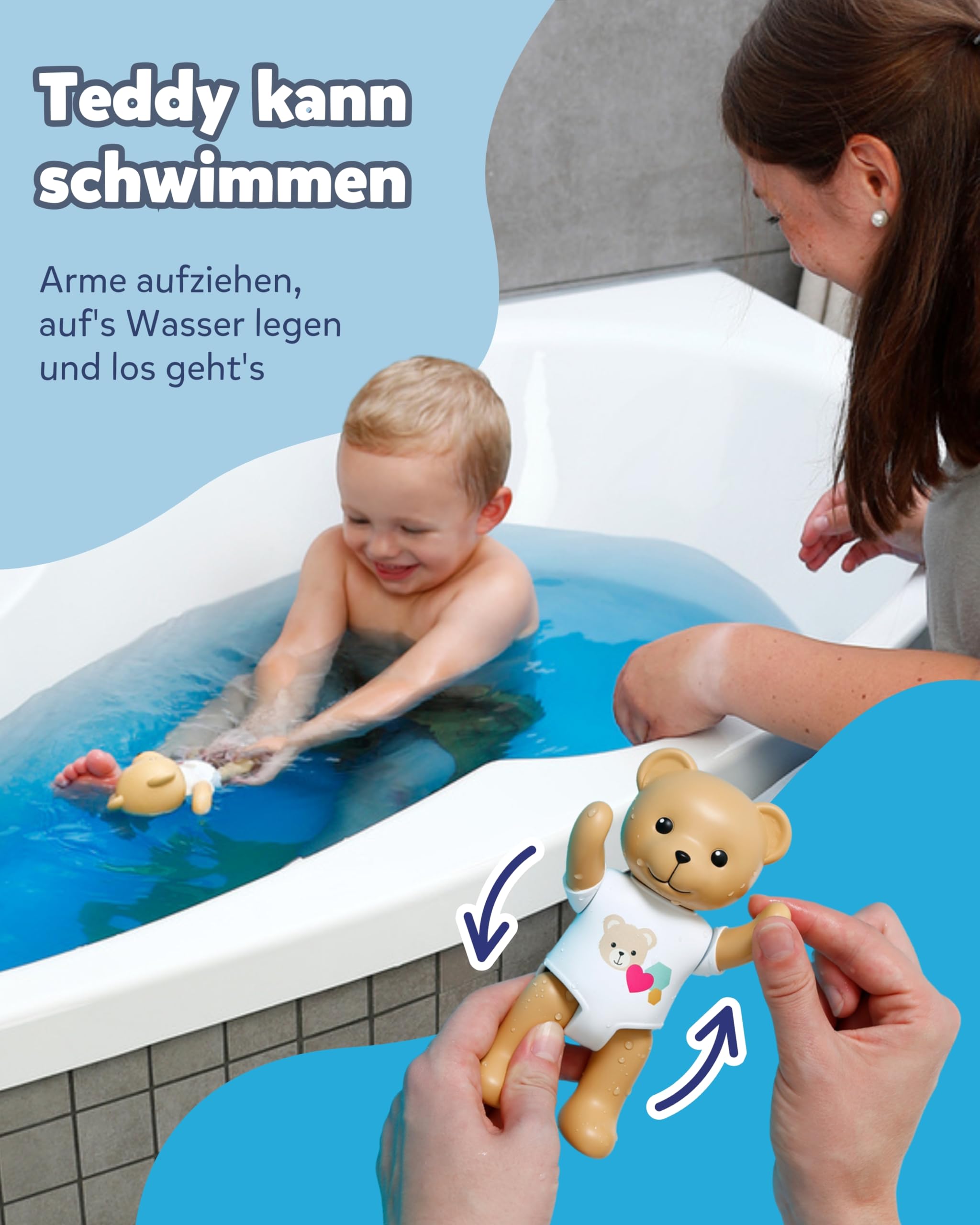 BABY born Splish Splash Zabawka do kąpieli Teddy – rozmiar 15 cm – z mechaniczną funkcją pływania – działa całkowicie bez baterii – odpowiednia dla dzieci od 1 roku życia, kolor brązowy