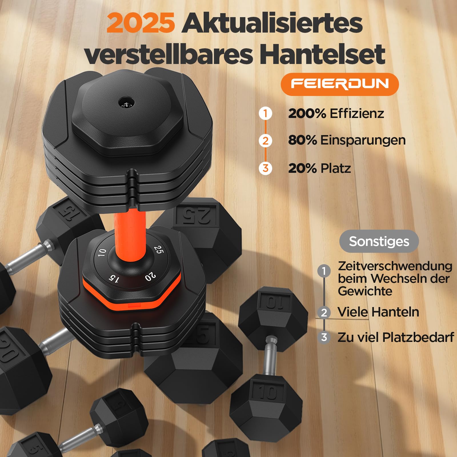 FEIERDUN 2x11kg(25LB) | 2x24kg(52,5LB) | 1x25kg(55LB), Verstellbare Hantel | Smart-Click-Technologie für schnellen wechsel, rutschfestem Griff,Gut für Zuhause, Büro, Fitnessstudio, Körpertraining