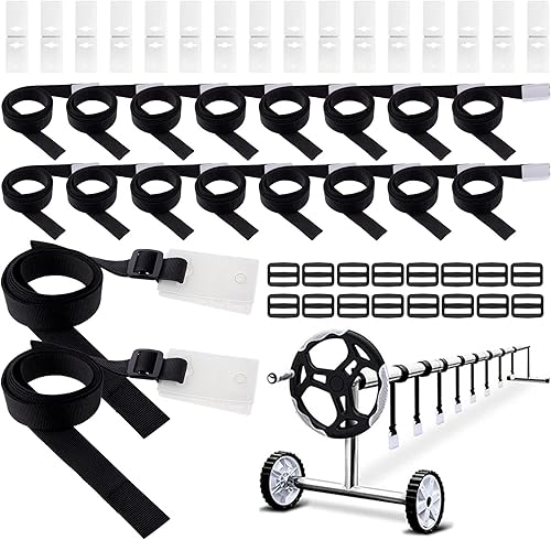 Treela Juego de 48 correas de sujeción para carrete de cubierta solar para piscina, kit de correas de cubierta solar para piscina enterrada, incluye