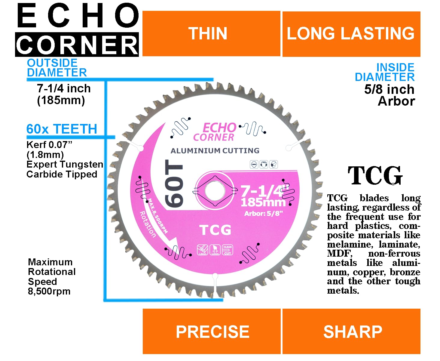 Echo Corner 7-1/4 Inch Circular Saw Blade For Cutting Aluminum & Non-Ferrous Metals – 60-Tooth TCG, 5/8 Arbor, Fast Clean Cuts - View #3