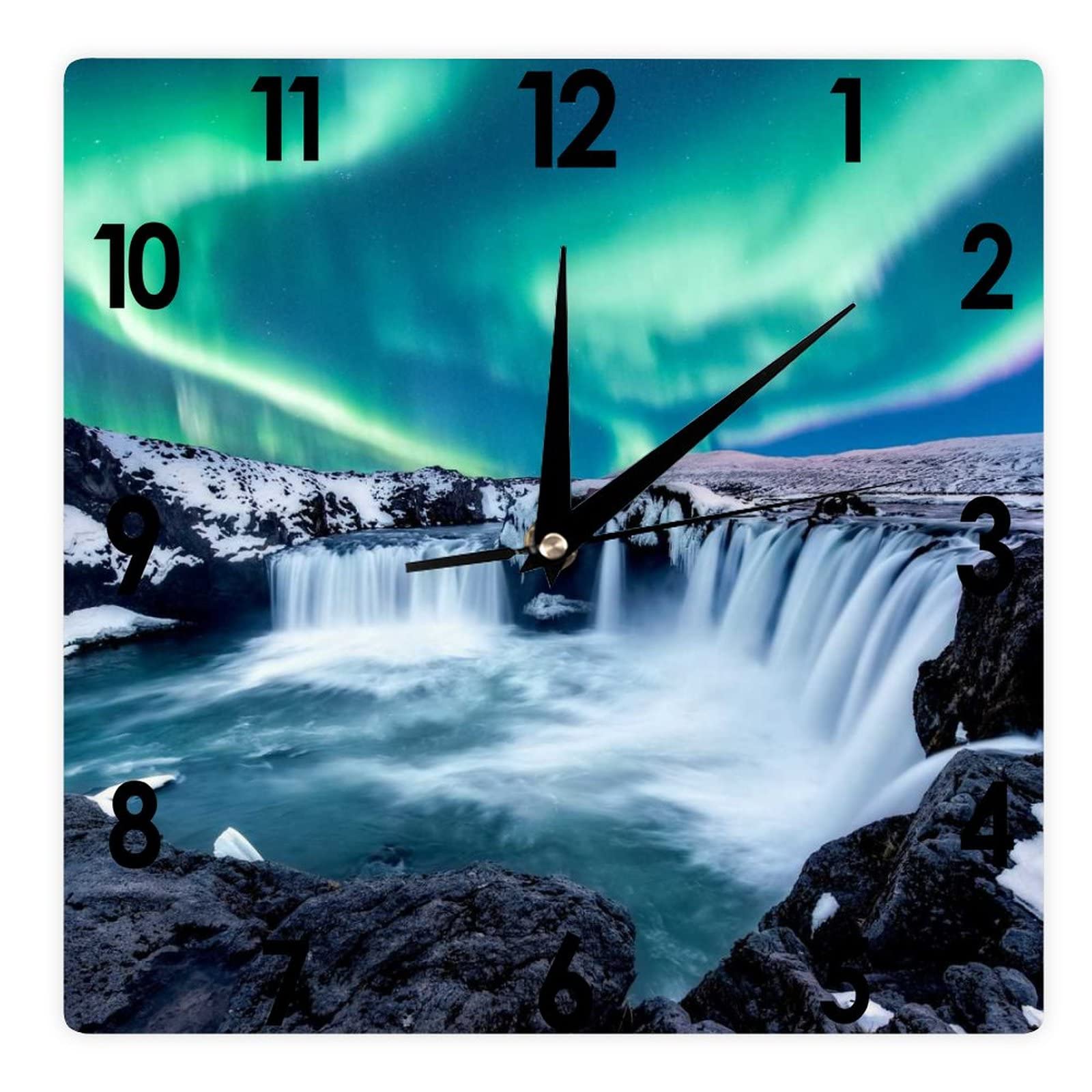 Square Wall Clock The Northern Lights Godafos Is A Waterfall in Iceland Silent Non-Ticking Clock 12 Inch, Battery Operated Accurate Landscape/Cityscape Farmhouse/Home/Office Decor