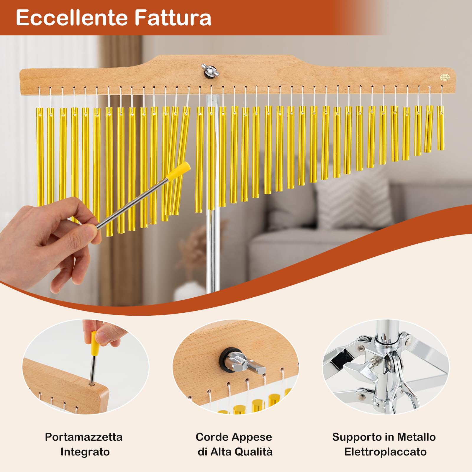 COSTWAY Campane a 36 Barre, Campane Tubolari a Fila Singola con Supporto per Treppiede Pieghevole e Regolabile, Bacchetta e Borsa da Trasporto, Strumento a Percussione Portatile per Adulti