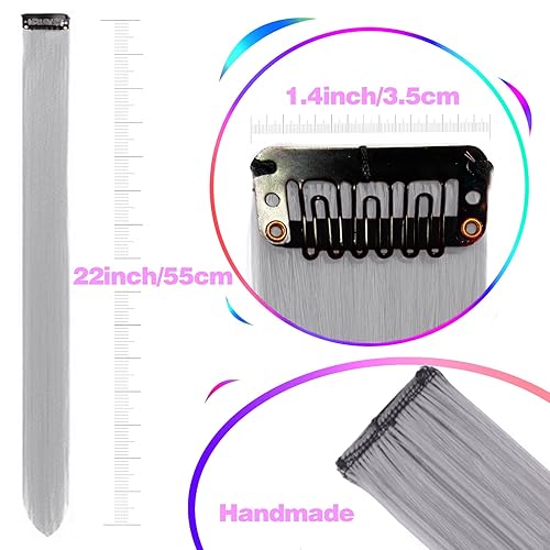 Miniatura 3 de 12 extensiones de cabello gris con clip, extensiones de fiesta de colores para niños y niñas, extensión de pelo sintético lacio de 22 pulgadas