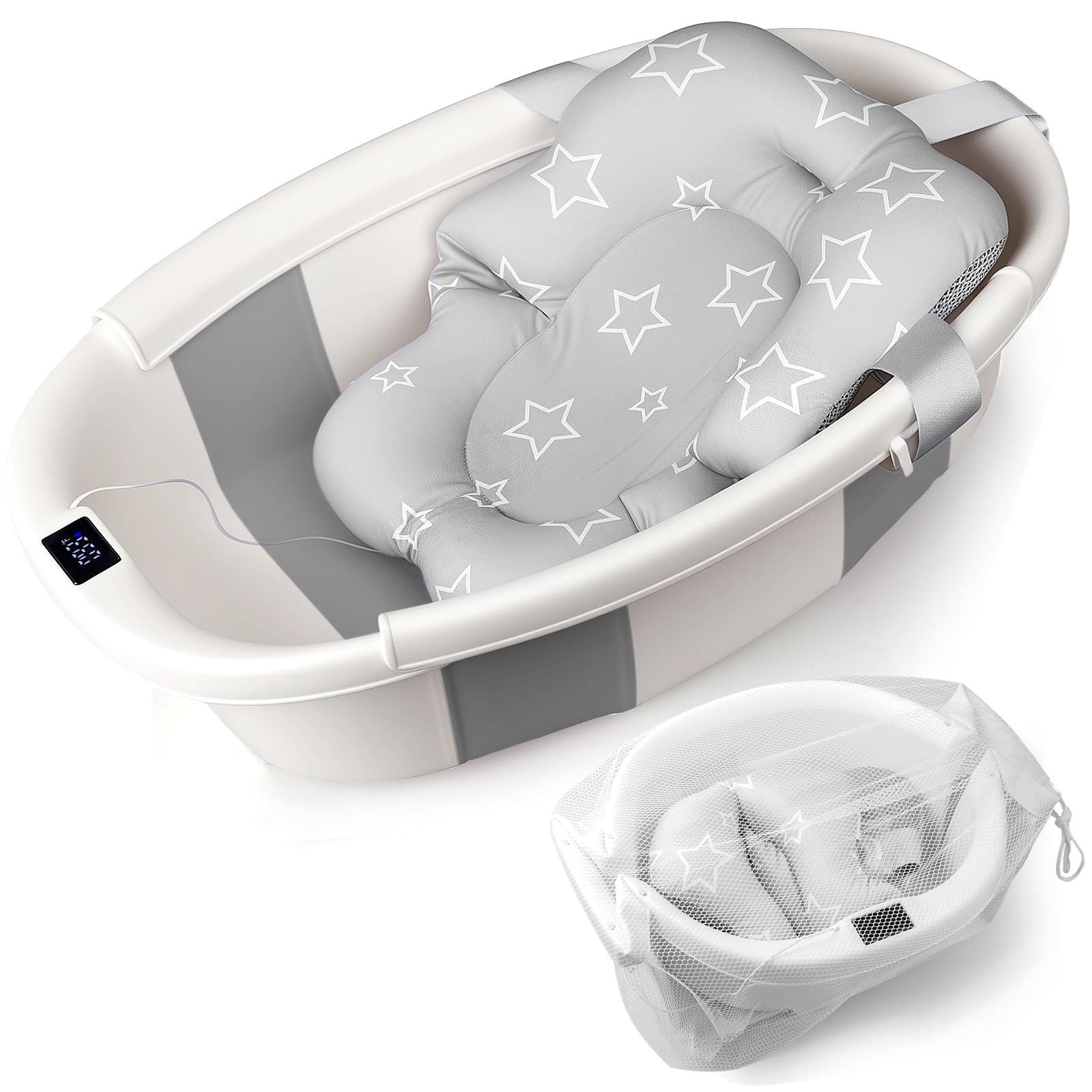 Baby Bathtub Baby Bath Tub with Thermometer Soft Cushion Collapsible Infant Bathtub for Newborn to Toddler 0-36 Months