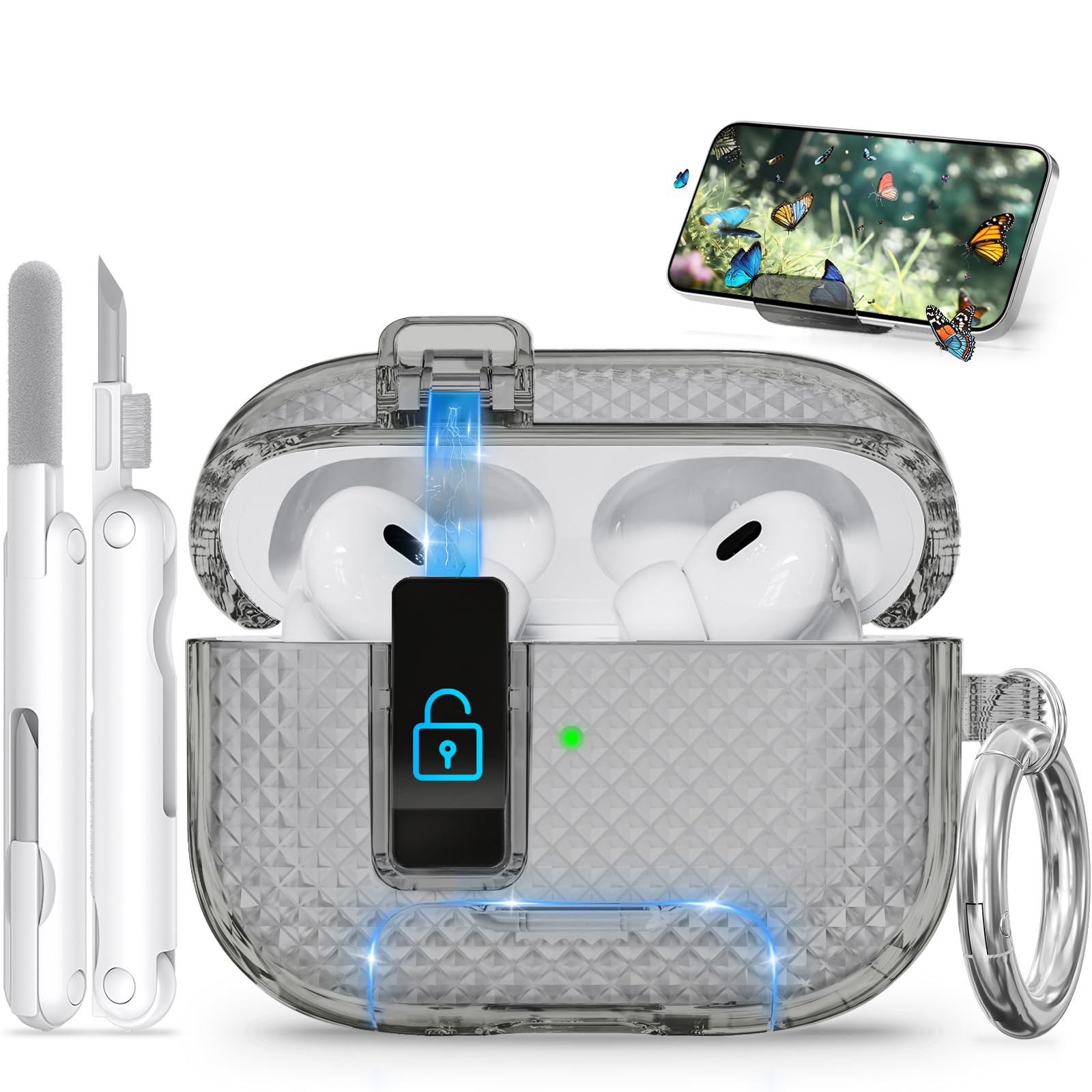 Ekoonpft for AirPods Pro 2 Case with Phone Stand &amp; Secure Lock, Auto-Open Clear Cover Compatible with Apple AirPods Pro 2nd/1st Gen (2023,2022,2019) with Cleaning Kit &amp; Keychain (W-Black)