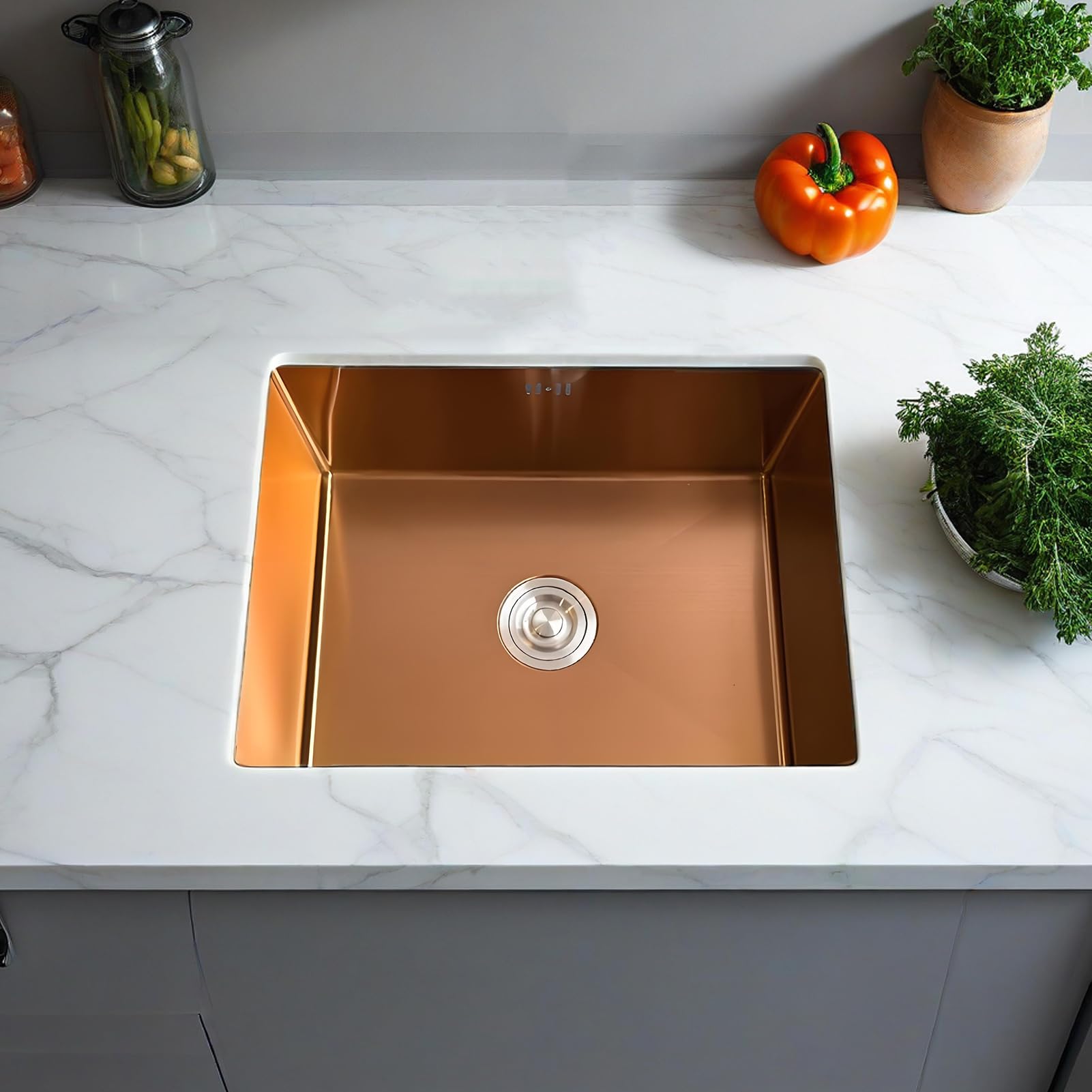 ZQFHSX Stainless Steel Kitchen Sink, Undermount Undercounter Basin, Large Capacity Single Bowl Vegetable Wash Basin with Drainer Kit (70x45x22cm,Rose Gold)
