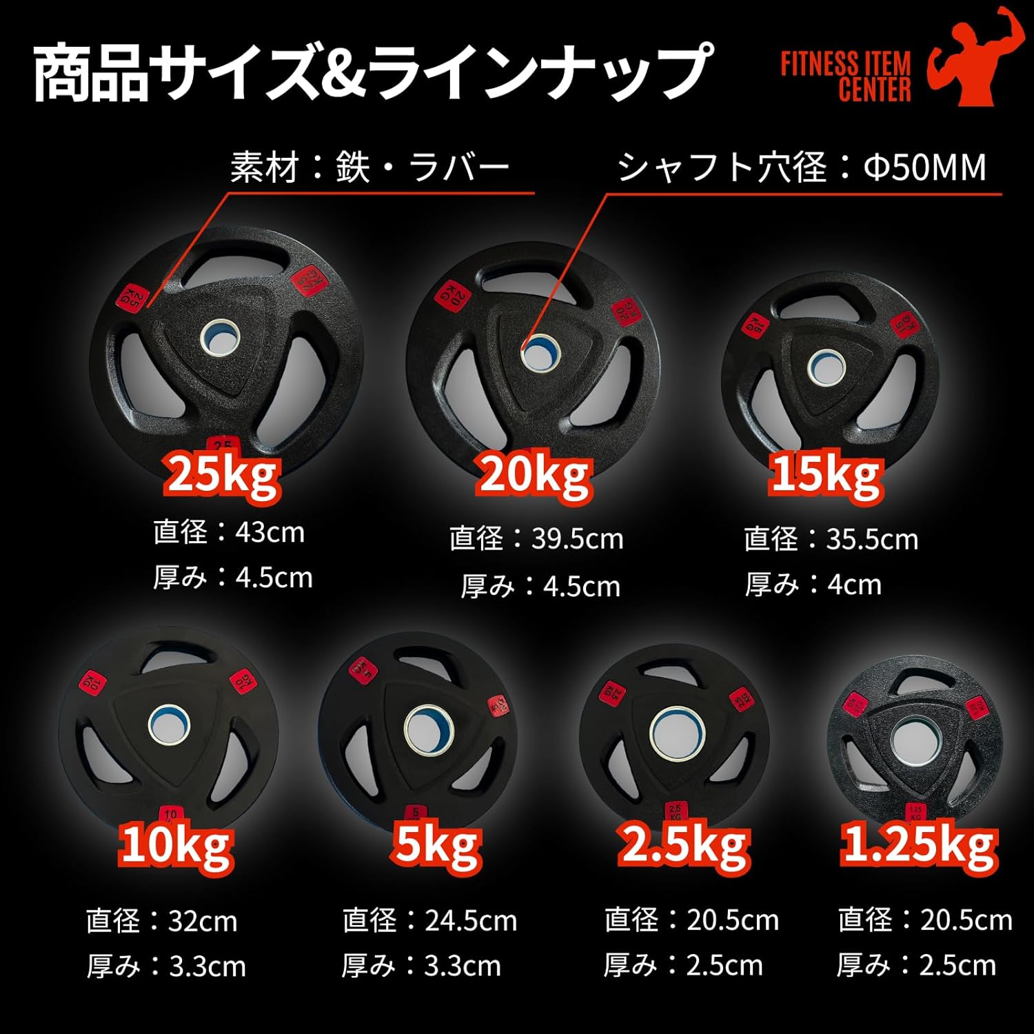 □大手ジムに続々導入□ラバープレート 25kg1枚/2枚/4枚 50mm径
