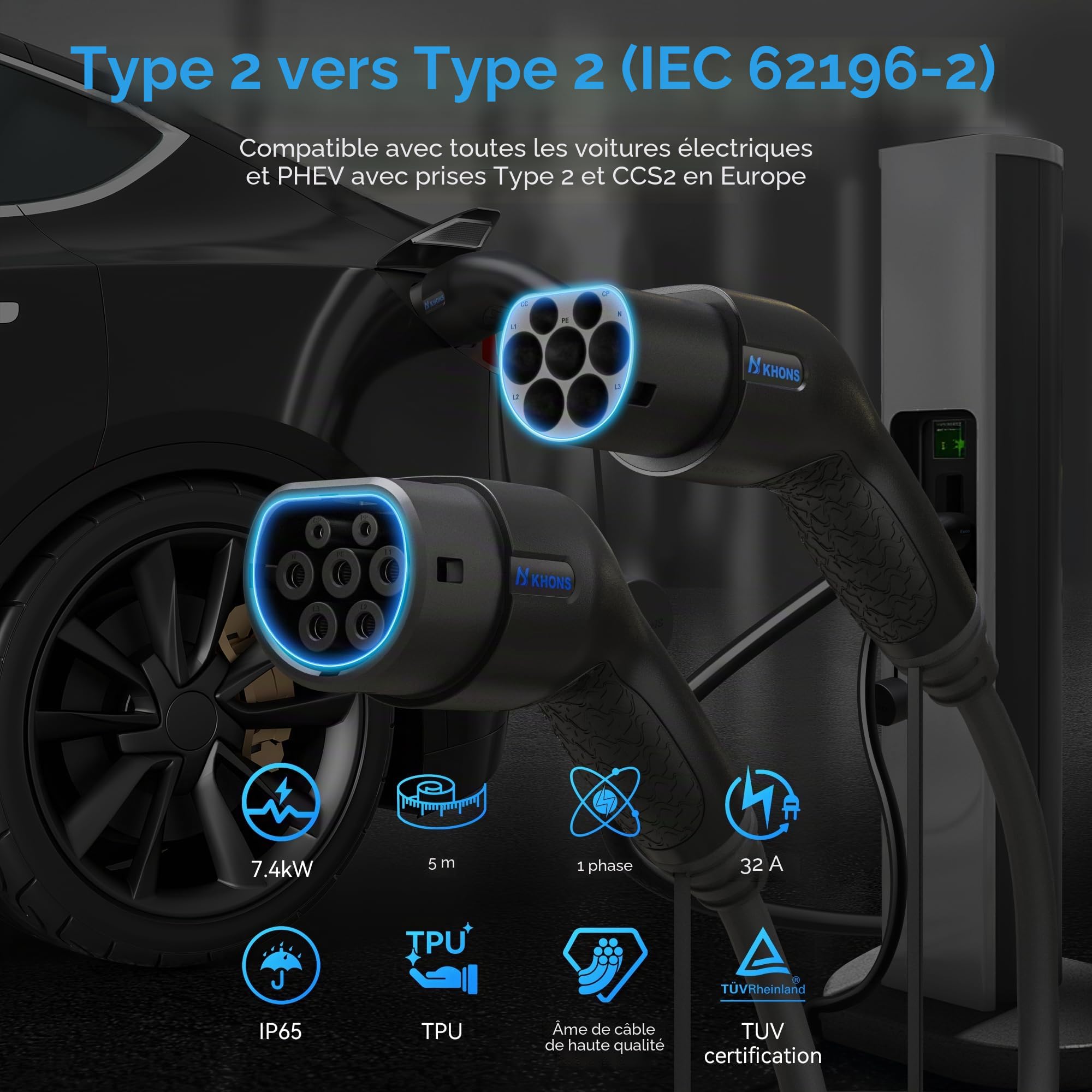 Câble de Recharge Voiture Electrique Type 2 32A 1 Phase 7,4 KW Câble Recharge Type 2 pour Véhicules Hybrides et électriques (IEC 62196-2), Cable Charge Voiture Type 2 de Type 2 (5mètres)