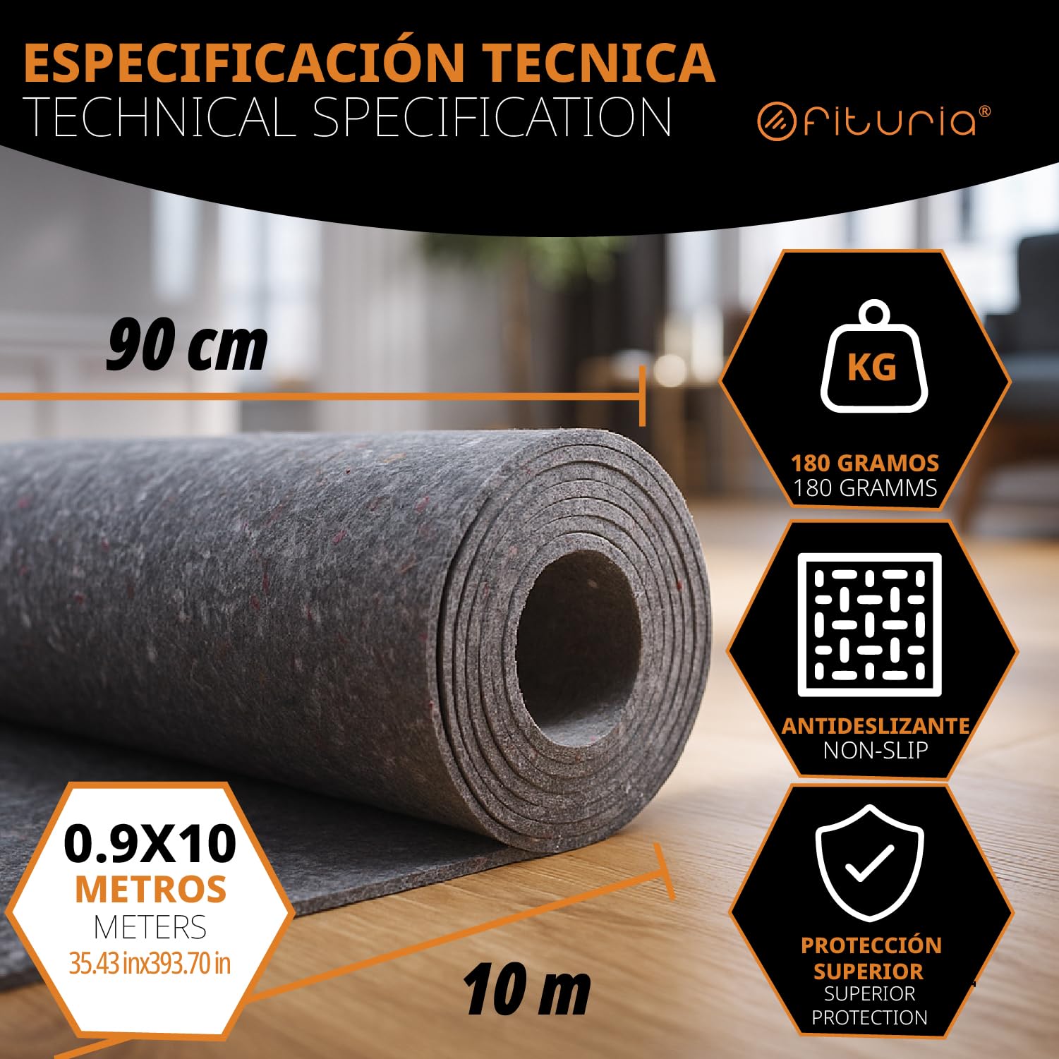 OFITURIA Feutre de Protection pour Sol 90 cm x 10 m, 180 g/m², Lot de 1 pièce, idéal pour protéger Les sols Lors de travaux, Peinture et déménagement (90cmx10m, 1 pièce)