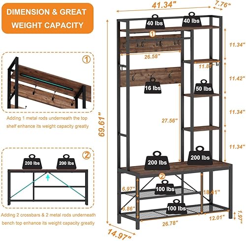Miniatura 3 de BON AUGURE Árbol de pasillo con almacenamiento de zapatos, banco de entrada reversible 5 en 1 con ganchos para abrigos para pasillo, perchero de