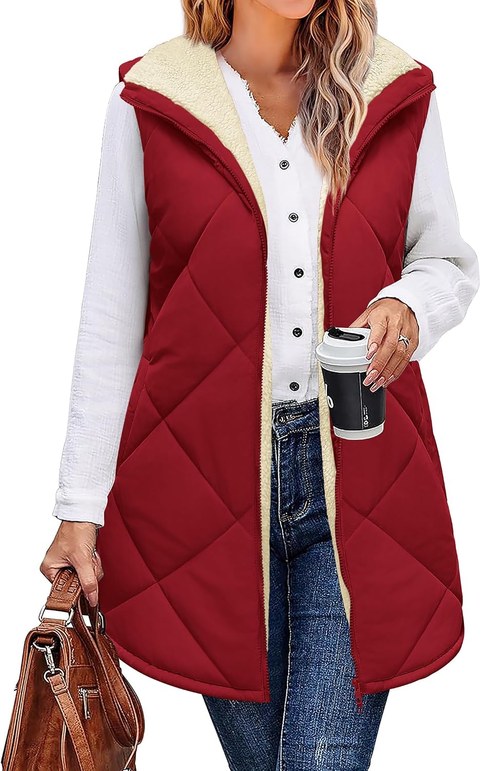 Zeagoo Womens 2025 Reversible Vest Sleeveless Fleece Jacket Double Zip Up Long Warm Winter Coat Outerwear with Pockets