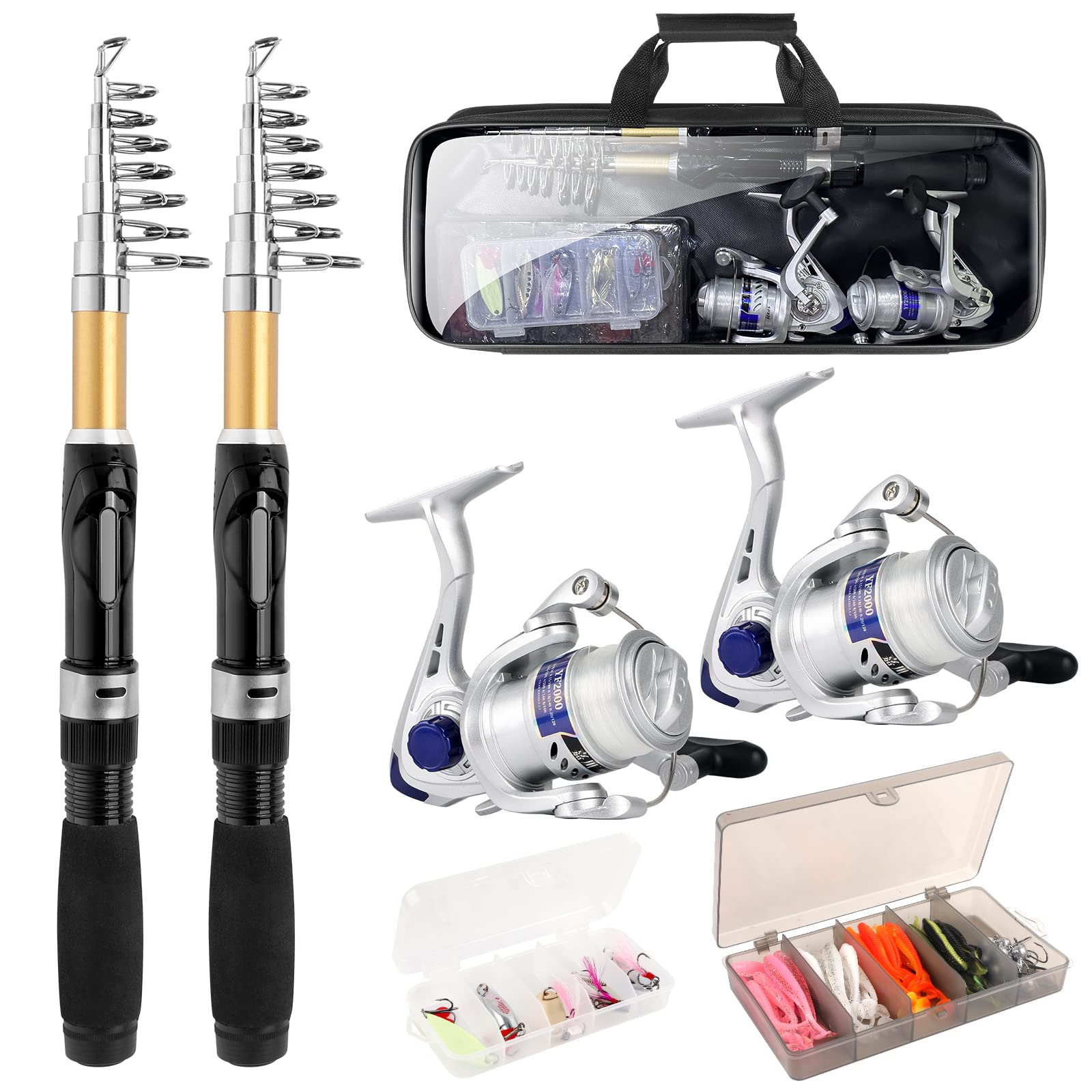 Fishing Pole Set Fishing Rod and Reel Combo,2PCS 1.9M/2.1M Collapsible Fishing Rod Set with 2PCS Spinning Reels 2 Set of Lures Baits and a Carrier Bag,Prefect for Fishing Travel