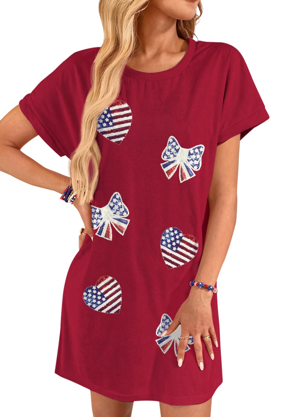 For G and PL Women Fourth of July Crewneck Short Sleeve Patriotic Outfit Red White Blue Independence Day Dress Heart & Bow Sequin L