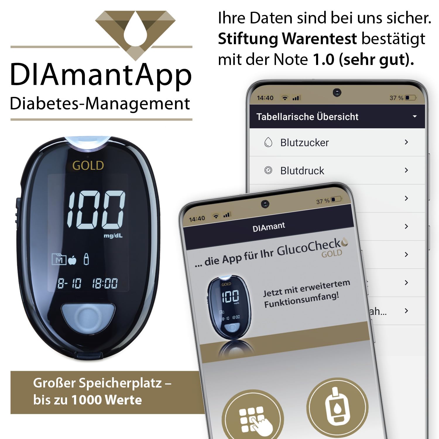 GlucoCheck GOLD Blutzuckermessgerät-Set (mg/dL) mit 60 Blutzuckerteststreifen, 10 Lanzetten, 1 Stechhilfe, 1 Etui, Sparset zur Blutzucker-Selbstkontrolle
