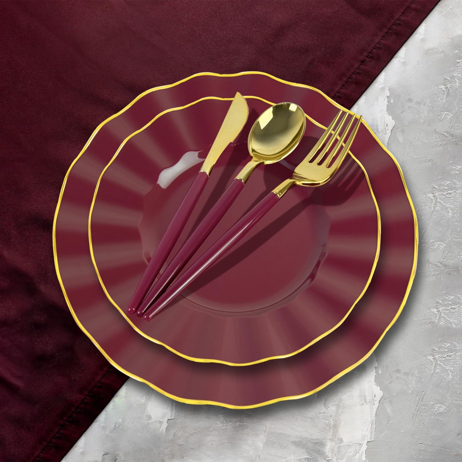 150Pcs Plastic Plates with Gold Rim,Heavy Duty Burgundy Plates for 30 Guests,Plastic Dinnerware Set Include 30 Dinner Plate,30 Dessert Plate,90 Gold Cutlery Set for Party (Burgundy) - Image 3