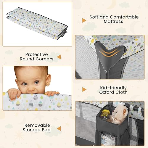 Miniatura 5 de BABY JOY 3 en 1 Pack and Play, Corralito Portátil para Bebé con Moisés, Mesa Cambiadora, Ruedas con Seguro, Caja de Música Luminosa, Cuna de Viaje