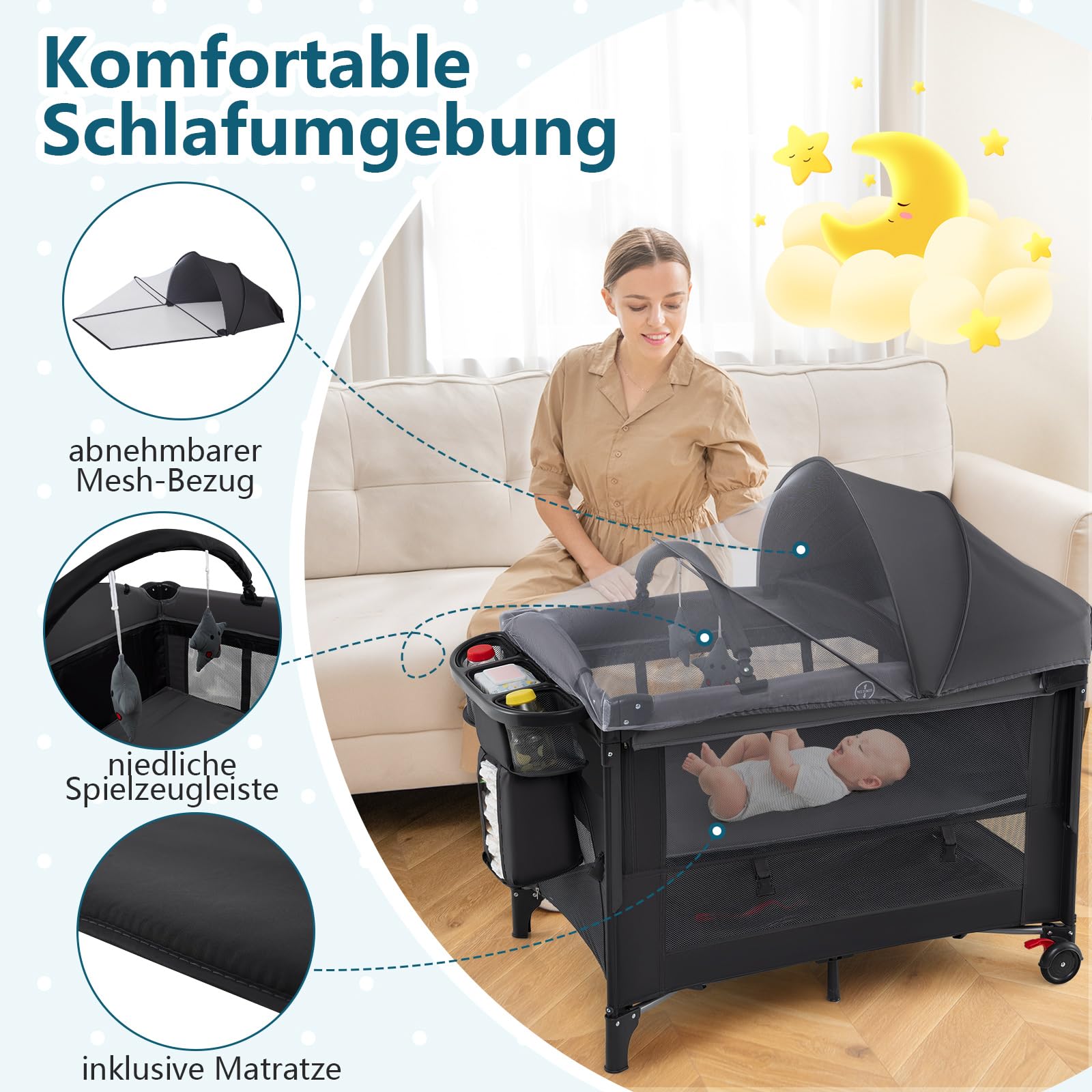 COSTWAY 5 in 1 Beistellbett, Reisebett Baby mit Matratze, Babybett höhenverstellbar mit Wickelauflage, Mosktionetz & Spielbogen, Stubenwagen mit Rollen & Tragetasche für bis 36 Monaten, Schwarz