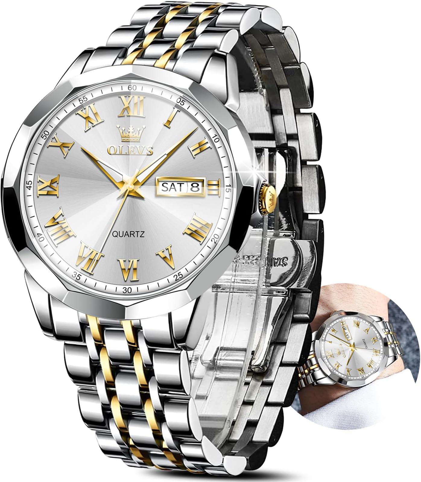 Classic Men Watches with Date,Stainless Steel Man Watch with Date, Bussiness Watches for Men,Luminous Quartz Mens Watches Black/White/Blue/Gold, Waterproof Male Watch with Week