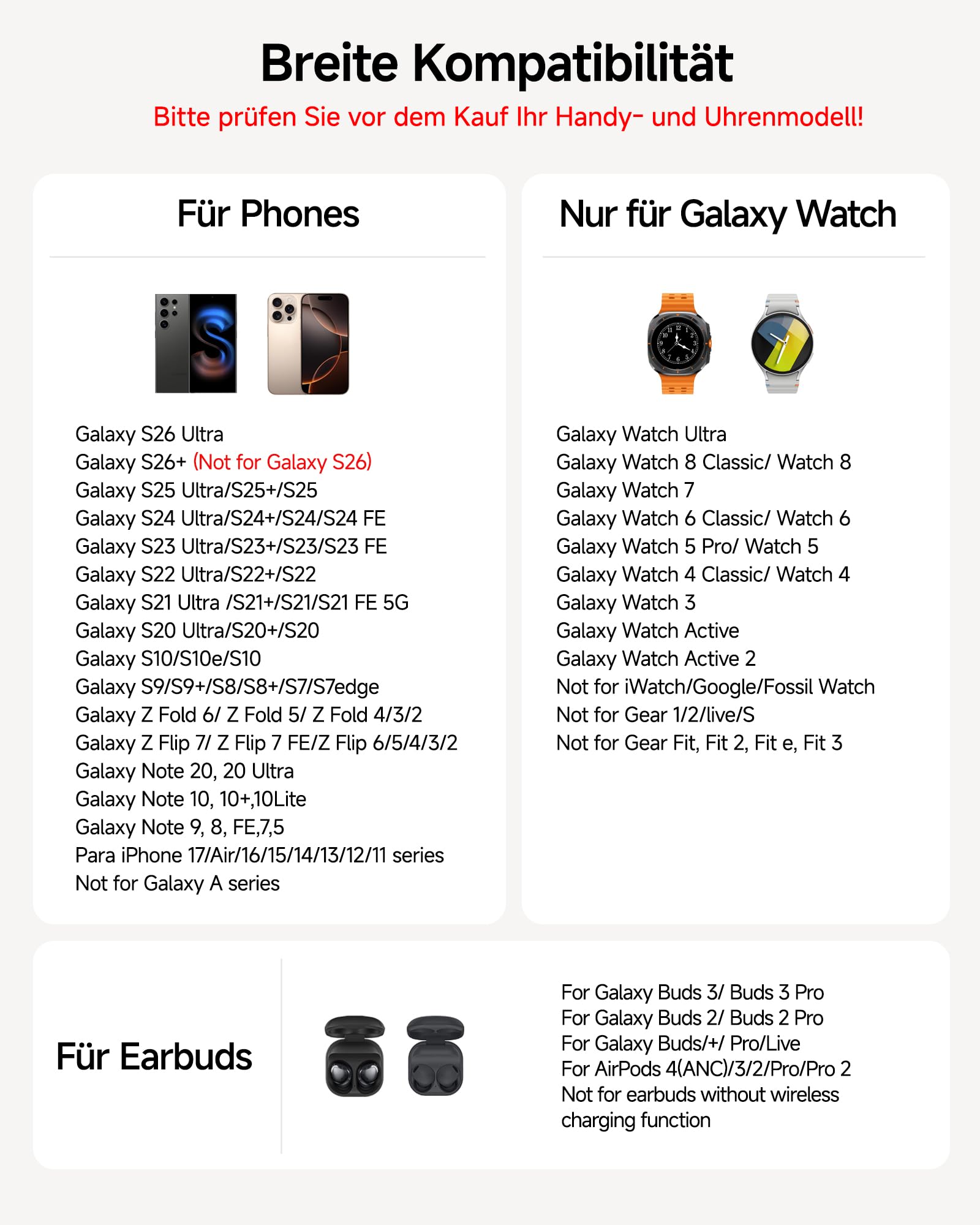 Induktive Ladestation für Samsung S26 Ultra, 3 in 1 Wireless Charger für Galaxy S26+/S25/S24/S23/Z Fold 6/Z Flip 7, Kabelloses Ladegerät für Galaxy Watch 8/Ultra/7/6, Galaxy Buds 3/Pro, Ohne Adapter