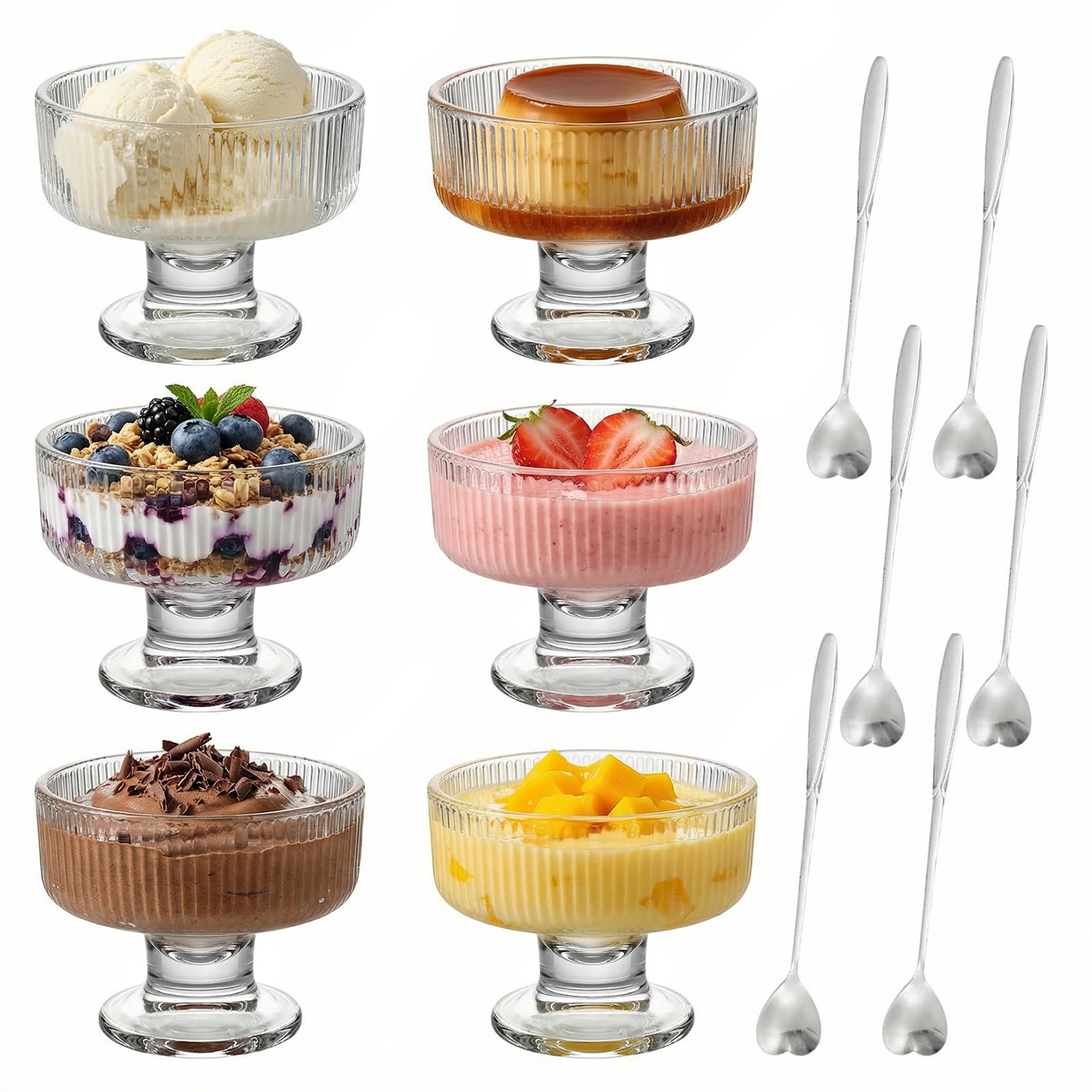 6 Pack Glass Dessert Bowls, Ice Cream Bowls Prawn Cocktail Glasses, Vertical Stripes Sundae Glasses with 6 Long-Handled Heart Shaped Spoons for Trifle Salad Yogurt Cake Bowl for Home Party Wedding