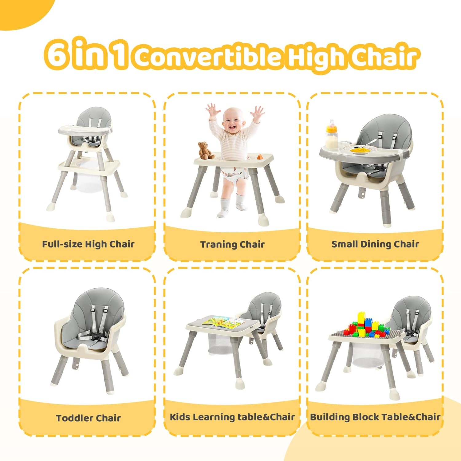 JOYMOR 7 in 1 Convertible Baby High Chair for Babies and Toddlers, Table and Chair Set, Infant Eating Highchair with Leather Seat Cushion