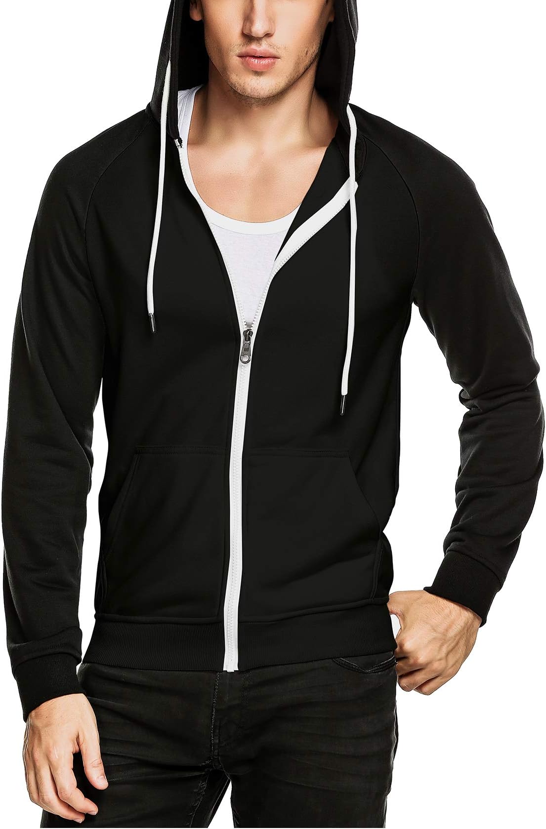 DAIKEN Men's Zip-up Hoodie Slim Fit Zipper Hooded Sweatshirt Raglan Sleeve Color Block Jacket
