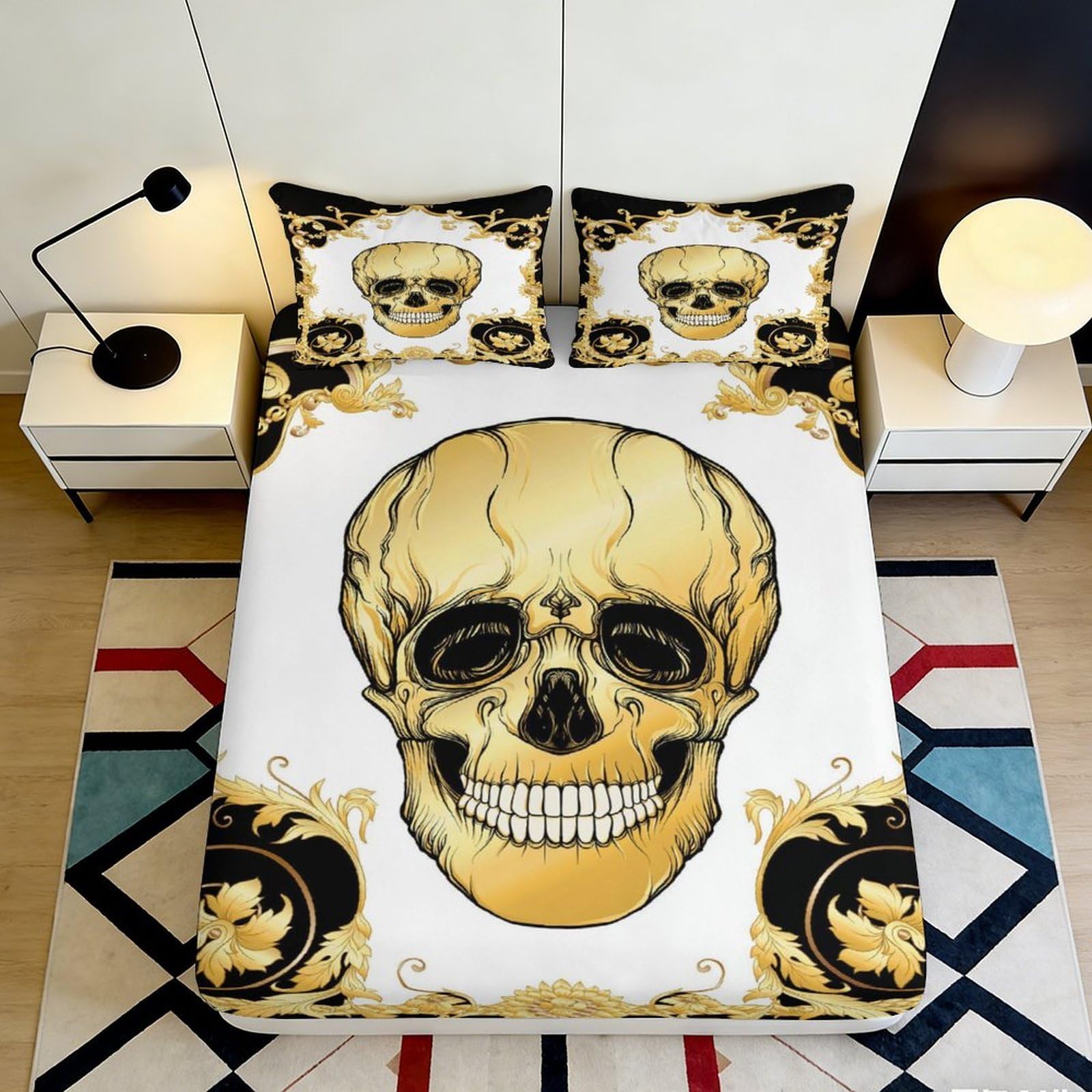 Pnayamiorkfel Style-10 3D Printed Golden Skull Fitted Sheet Microfiber Decor Gothic Baroque Bed Cover For Bedroom Guest Room Protection 90X200x25cm