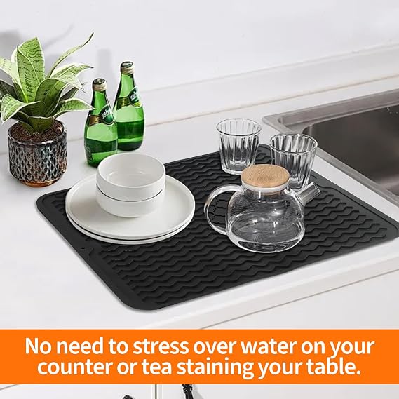 Draining Board Mats, 30x40cm Silicone Dish Drying Mat for Kitchen CounterSilicone Mats for Worktops,Sink Drainer Matt,Non-Slip Heat Resistant Silicone Draining Matt,Dish Drainer Mats Placemat(Black)