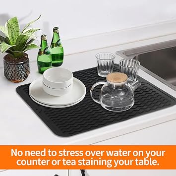 Draining Board Mats, 30x40cm Silicone Dish Drying Mat for Kitchen CounterSilicone Mats for Worktops,Sink Drainer Matt,Non-Slip Heat Resistant Silicone Draining Matt,Dish Drainer Mats Placemat(Black)