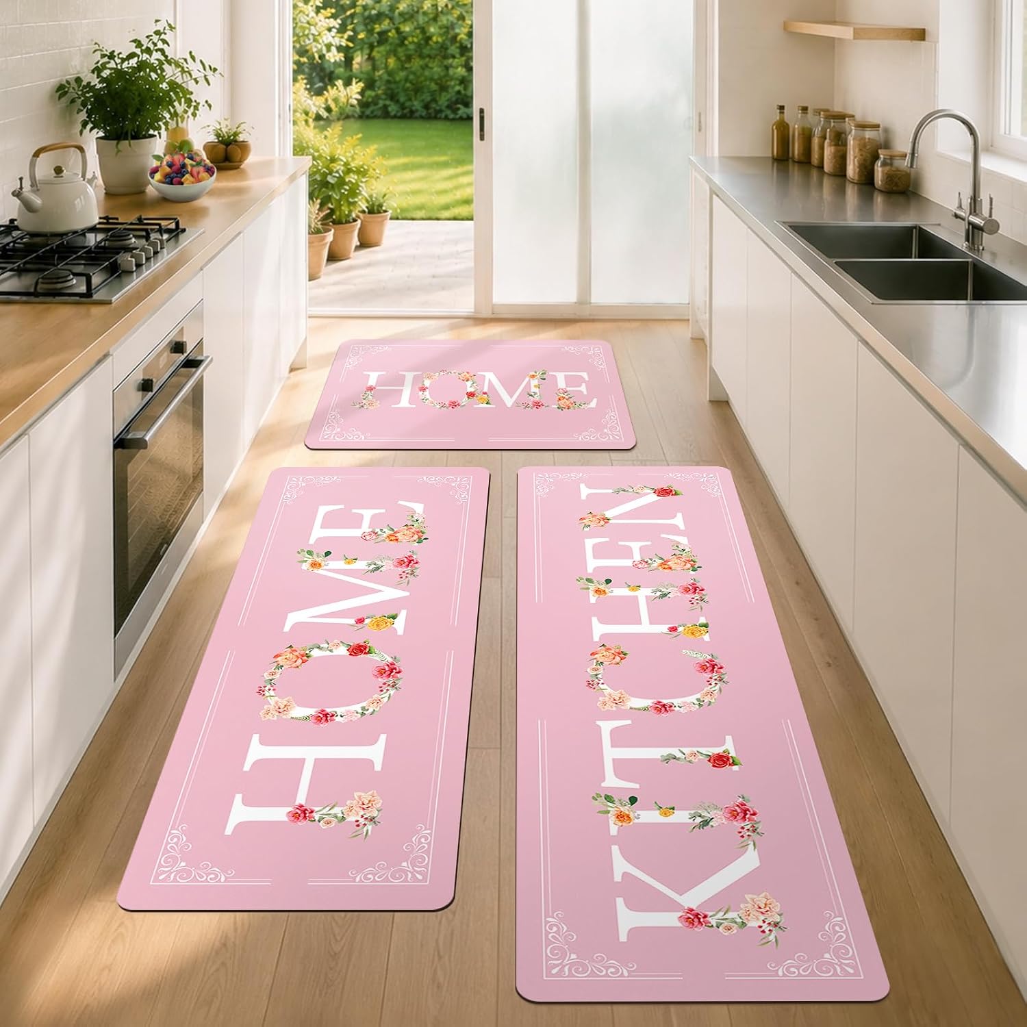 XLHOMO Kitchen Mats for Floor 3 Pieces Set, Non Slip Rubber Backing Absorbent Rugs, Low Profile Wipe Clean Modern Blackboard Style Runner Carpet for Sink, Laundry Room (Coffee)
