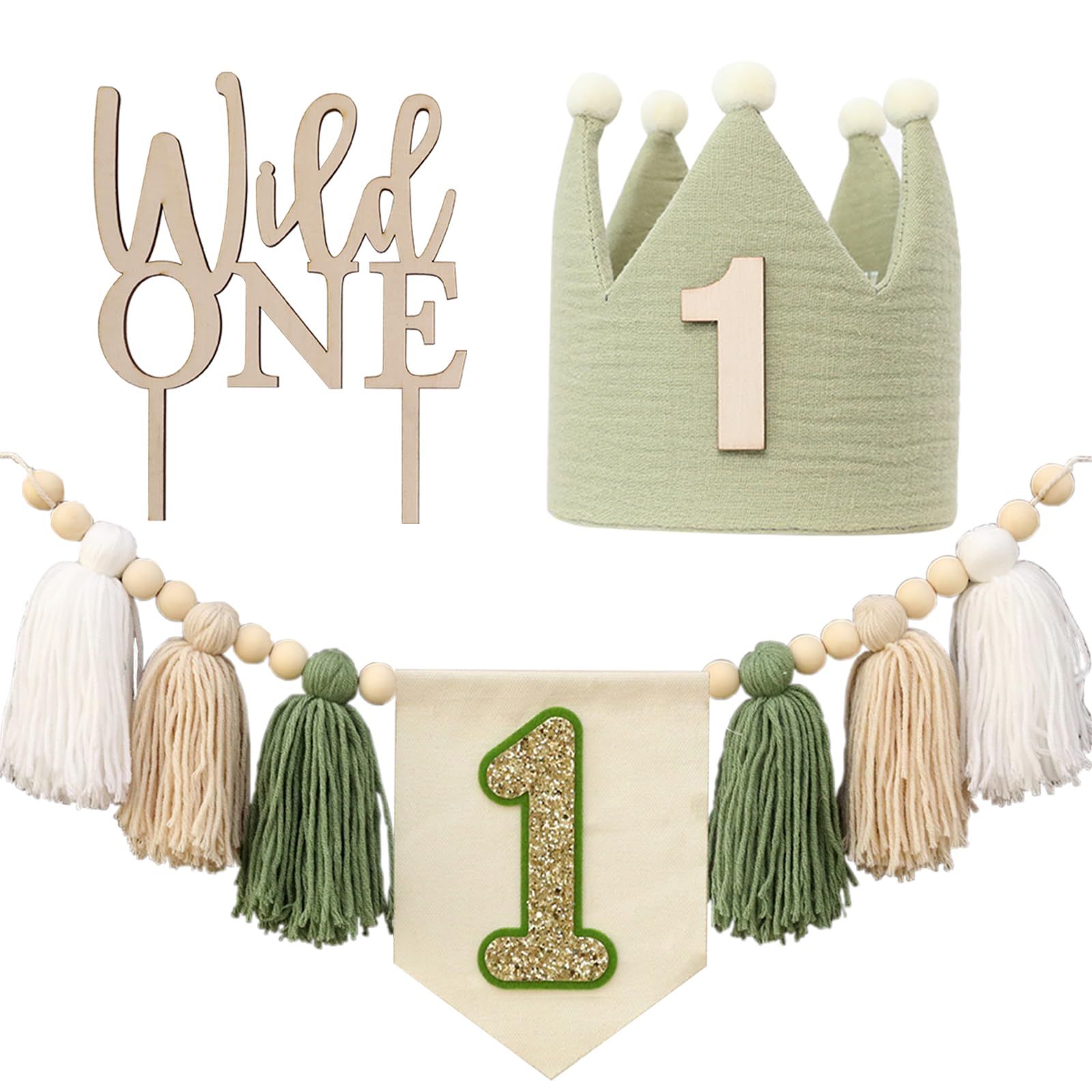 Wild One 1st Birthday Decoration Set - High Chair Banner, Hat, Cake Topper, Wood Bead Garland, Green - View #3
